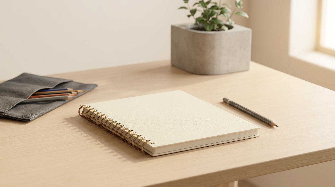 An open notebook and pencil on a sunlit wooden desk