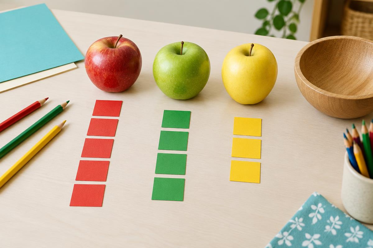 Red, green and yellow apples with colored paper arranged in graph columns